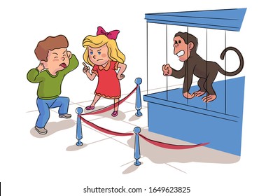 Naughty boy teases fooling with monkey in cell fence aviary. Girl scolds friend. Kids excursion to zoo wildlife nature reservation. Funny apes in animal park. Activity and leisure. Vector illustration