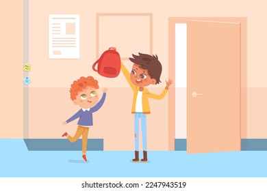 Naughty boy teasing little kid in school corridor vector illustration. Cartoon angry mischievous character holding backpack over head of sad child, bad behavior in youth and teenage bullying problem