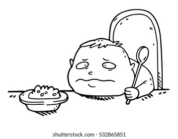 Naughty capricious fastidious spoiled upset sad boy did not want to eat tasteless cooked homemade food. The look and taste of oatmeal gives him indigestion, nausea, disgust, loss of appetite.