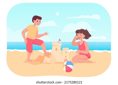 Naughty cartoon boy breaking sand castle of crying girl on beach. Negative emotions, kid destroying sand tower of sister flat vector illustration. Summer, conflict, childhood, bad behavior concept