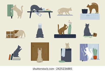 Naughty cat behavior. Cartoon kitten characters playing, scratching, destroying, doing funny mischief. Vector funny home pets collection of behavior cat and pet illustration