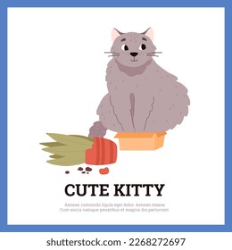 Naughty cat broke flower pot and sits in cardboard box, poster template, cartoon flat vector illustration. Cute kitty playing with houseplants. Funny animal character. Pet owning concept.