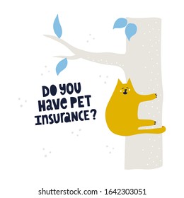 Naughty cat can't go down from the tree. Funny pet insurance concept for flyer, ad, banner, web. Hand drawn flat vector illustration. Hand drawn flat vector illustration.