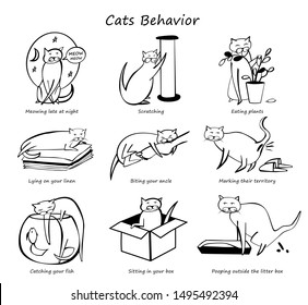 Naughty cat doing various harmful things. Bad behavior of domestic animal or pet. Funny scenes in hand drawn style. Cartoon character set. Monochrome vector illustration isolated on white background  