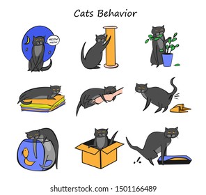 Naughty cat doing various harmful things. Bad behavior of domestic animal or pet. Funny scenes in hand drawn style. Cartoon character set. Colorful vector illustration isolated on white background  
