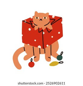 Gato travieso dentro de la caja de regalo de Navidad, envoltura de papel rasgado, sorpresa de vacaciones. Kitty jugando con regalo festivo, diversión de Navidad. Linda travesura. Ilustración vectorial plana aislada sobre fondo blanco