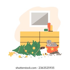 Naughty cat knocking over Christmas tree, flat vector illustration isolated on white background. Funny mischievous pet running holidays. Animal with separation anxiety.