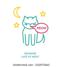 Naughty cat meowing late at night. Bad behavior of domestic animal or pet. Funny scene. Cartoon character. Simple icon, symbol, sign. Colorful vector illustration isolated on white background