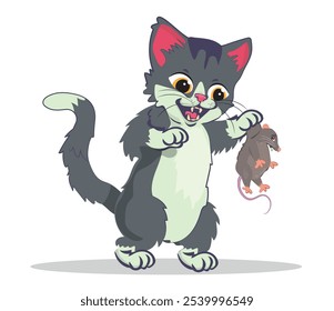 Gato travieso jugando con un ratón, ratón aterrorizado. concepto de caza felina. Ilustración vectorial.