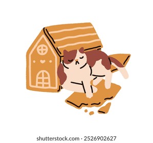 Naughty cat sleeping by broken gingerbread house, festive cookie crumbs. Mischievous kitty asleep at Christmas holiday ginger bread. Cute feline. Flat vector illustration isolated on white background