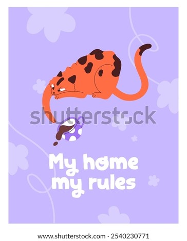 Naughty cat throws off cup of coffee. Design of cute card with funny kitty plays with mug. Postcard template with amusing kitten has fun and humorous phrase. Mischievous pet. Flat vector illustration