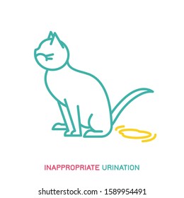 Naughty cat urinating outside the litter box. Bad behavior of domestic animal or pet. Funny scene. Cartoon character. Simple icon, sign. Colorful vector illustration isolated on white background 