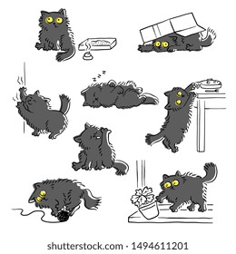 Naughty cat's bad behavior funny scenes,set of sketch vector illustration isolated on white background. Cat stealing food, scratching furniture and throwing off items.