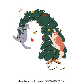 Naughty cats climbing Christmas fir tree, festive chaos with falling Xmas baubles. Funny kitties playing with decorations, feline holiday mess. Flat vector illustration isolated on white background