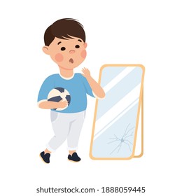 Naughty Child Broken Glass Mirror With Ball Vector Illustration