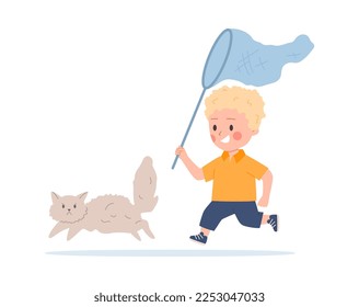 Naughty child chasing cat with sack, cartoon flat vector illustration isolated on white background. Messy and disobedient kid boy trying to catch angry cat.