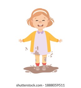 Naughty Child Jumping and Splashing in Mud Puddle Vector Illustration