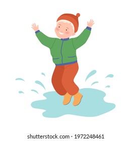 Naughty Child Jumping and Splashing in Puddle Vector Illustration