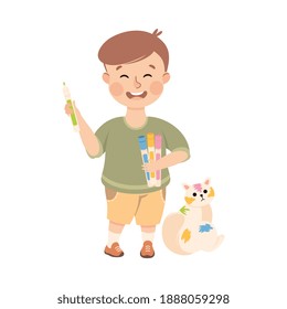 Naughty Child Painting Cat Pet with Felt Pens Vector Illustration