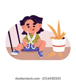 Niño travieso juega con objetos afilados solo en casa. El niño curioso lindo se divierte, corta las plantas de la casa con las tijeras. Peligros de bebé en interiores, riesgo de accidente. Ilustración vectorial aislada plana sobre fondo blanco