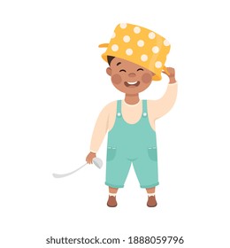 Naughty Child Wearing Saucepan on His Head Vector Illustration