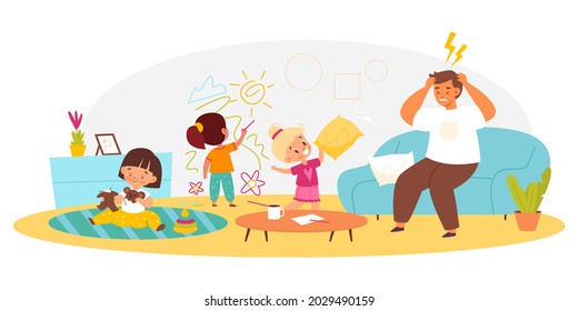 Naughty Children With Dad. Hyperactive Kids Make Mess In Living Room, Disgruntled Father Sitting On Couch, Chaos In Living Room Interior, Family Relations And Communications. Vector Concept