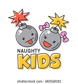 Naughty children in the form of round bombs. Emotional funny faces. Vector illustration.