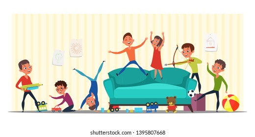 Naughty children in kindergarten flat illustration. Kids playing in living room vector drawing. Boys and girls cartoon characters having fun together. Preschool, nursery school. Siblings at home