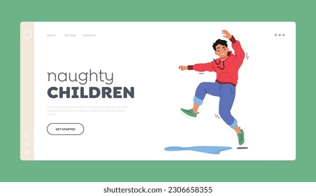 Naughty Children Landing Page Template. Boy Character Enjoying Playful And Mischievous Moments, Laughing And Creating Joyful Memories Through Lighthearted Amusement. Cartoon People Vector Illustration