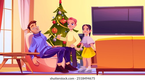 Naughty children looking at sleeping father in armchair. Vector cartoon illustration of teen boy and girl standing near asleep man in living room with decorated Christmas tree and TV on wall, bad joke