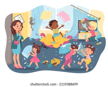 Naughty Children Make Mess. Kids Destroy House. Mom Is Standing On Doorstep Room. Broken Pot And Cat On Curtains. Boys Fight Pillows And Jump On Sofa. Girl Draw On TV