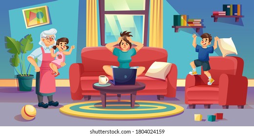 Naughty children parenting concept. Annoyed angry mother freelancer working on computer in home living room. Grandmother babysitting. Child with poor discipline. Remote work. Kid on summer holidays, quarantine