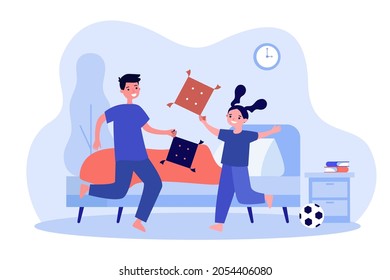 Naughty children in pillow fight at home. Game battle between mischievous kids flat vector illustration. Child discipline, active home play concept for banner, website design or landing web page