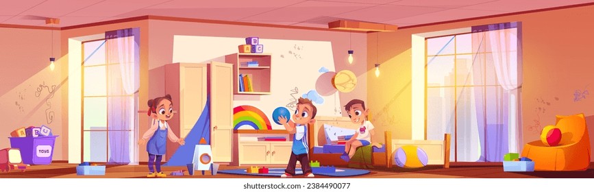 Naughty children playing in messy room. Vector cartoon illustration of untidy bedroom with toys scattered on floor, stains and paint on wall, boys and girl in urban apartment, cityscape view in window