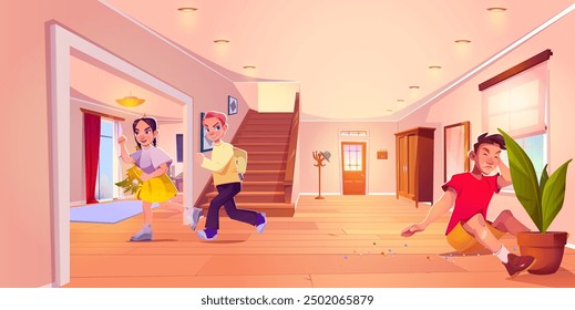 Niños traviesos bromeando padre en casa. Vector ilustración de dibujos animados de adolescente niño y niña corriendo en el pasillo de la casa, hombre herido sosteniendo la cabeza, cuentas dispersas en el suelo, árbol de Navidad en la sala de estar