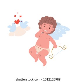 Naughty cupid character holding bow  and doves falling in love.   Flat isolated illustration 