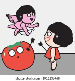 Naughty Cupid Making A Mistake Shooting Arrow With Bow To The Wrong Target Girl And Tomato Concept Card Character illustartion