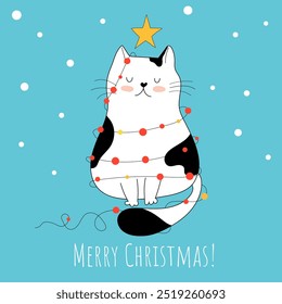 Naughty cute kitten in a New Year's garland. Postcard. Template. Vector graphics.