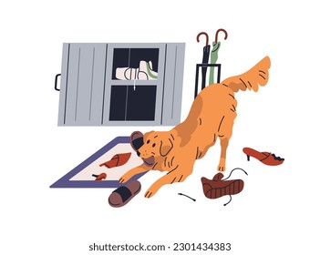 Naughty dog chewing shoes, tearing, damaging things at home. Bad canine behavior. Doggy behaving badly, ripping footwear. Zoo psychology. Flat graphic vector illustration isolated on white background