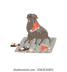 Un perro travieso mastica los zapatos de sus dueños. La mascota abandonada en casa crea un desastre y daños, ilustración vectorial de dibujos planos aislados en fondo blanco.