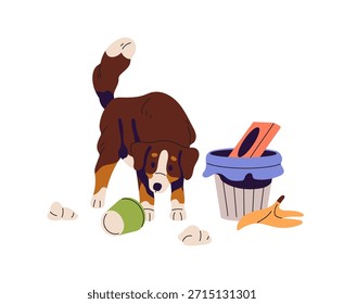 Naughty dog eats from trash can. Puppy with bad behavior steals food from garbage bin. Pup scatters waste, does mess. Mischievous animal, pet. Flat isolated vector illustration on white background