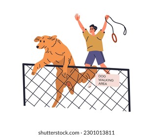 Perro travieso escapando, huyendo del dueño. Mala conducta no deseada, problema de psicología canina, concepto peculiar. Salir a trompicones durante el paseo. Ilustración vectorial plana aislada en fondo blanco