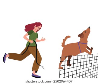 Perro travieso escapando, huyendo del dueño. Mal comportamiento no deseado, problema de psicología canina, concepto peculiar. Escapada perruna durante la caminata. Ilustración vectorial plana aislada sobre fondo blanco