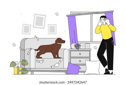 Naughty dog at home. Owner looks at destruction in room. Playful pet broke sofa, knocked over pillows and flower vases. Mess and chaos in apartment. Linear vector illustration