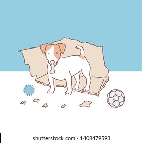 Naughty dog left home alone, sitting in the middle of mess on the floor. Disobedient dog with bad behavior. Hand drawn style vector design illustrations.