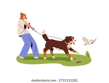Böse Hund zieht die Leine jagend Taube beim Bummeln. Netter Welpe mit unerwünschtem Verhalten beim Gehen. Besitzer und hartnäckiges Haustier, Tier im Park. Flache, einzelne Vektorgrafik auf weißem Hintergrund