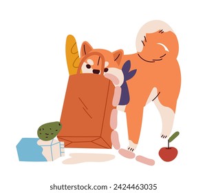 Escena de perros traviesos. Paquete de mordedura de cachorro enojado con comestibles. Un animal doméstico gracioso. Mascota con caos y desorden. Etiqueta de los medios sociales. Dibujo vectorial plano de dibujos animados aislado en fondo blanco