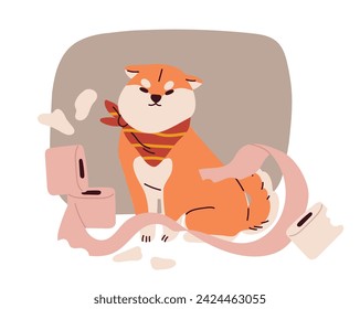 Naughty dog scene. Angry puppy with toilet paper. Funny domestic animal. Pet with mess and chaos. Graphic element for website. Cartoon flat vector illustration isolated on white background