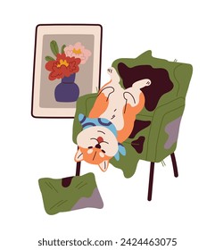 Escena de perros traviesos. Mentira de cachorro en un sillón suave. Un animal doméstico gracioso. Mascota con caos y desorden. Confort y comodidad. Dibujo vectorial plano de dibujos animados aislado en fondo blanco