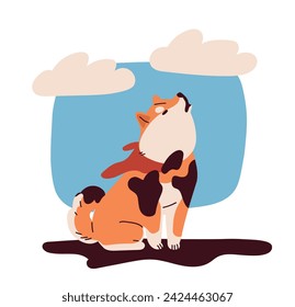 Naughty dog scene. Puppy stay in dirt. Funny domestic animal. Pet with mess and chaos. Animal walk outdoor. Social media sticker. Cartoon flat vector illustration isolated on white background